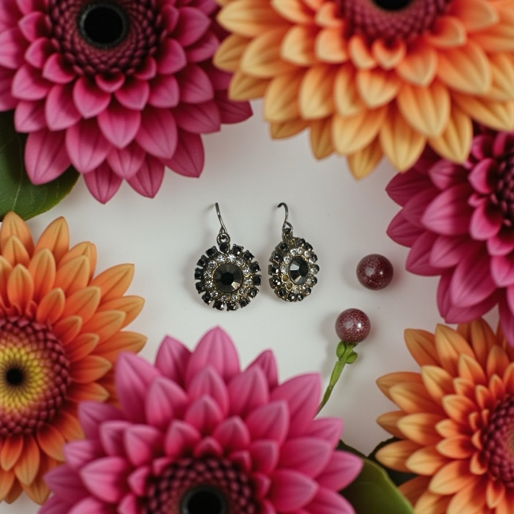 Banana Republic Black Silver Crystal Halo Drop Earrings OS
